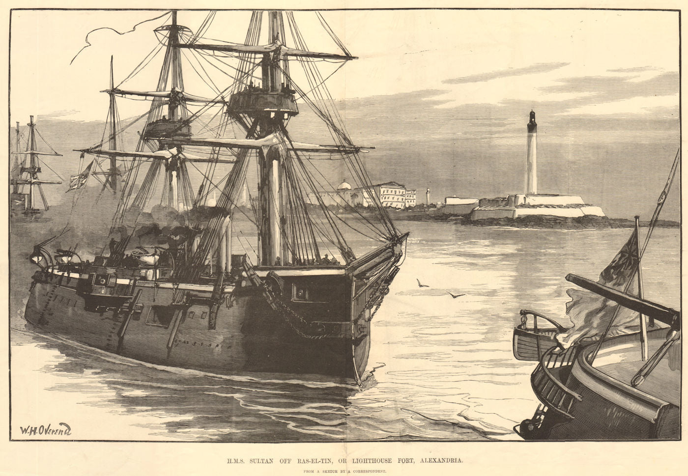 HMS Sultan off Ras-el-Tin, or Lighthouse Fort, Alexandria. Egypt. Ships 1882